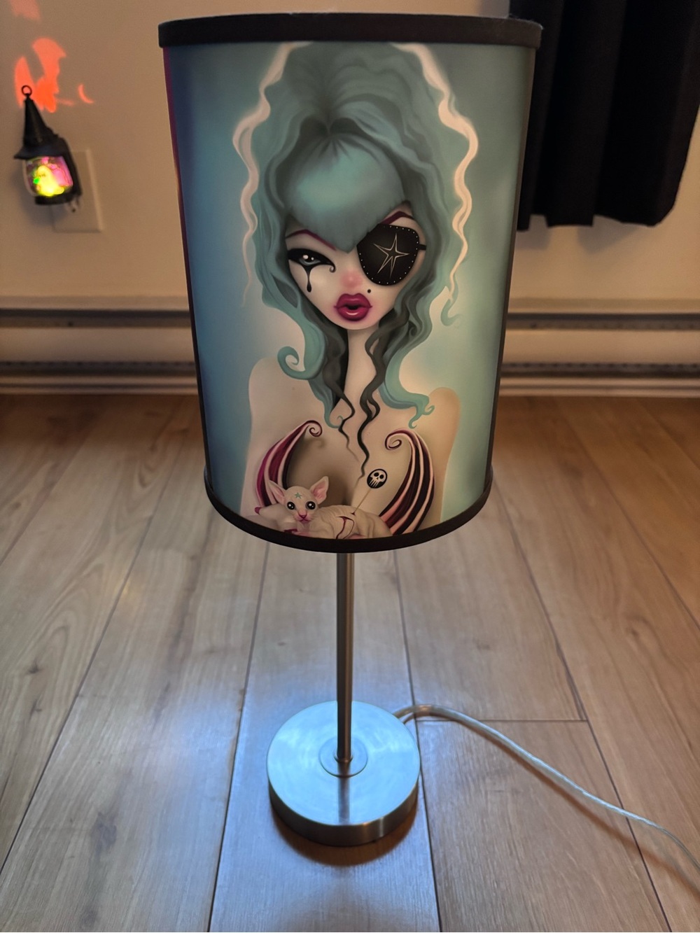 Gothic Pinup Art Table Lamp — Teal & Pink Shade
